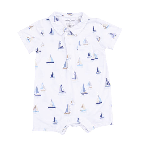 Bamboo Polo Short Romper - Sailboats