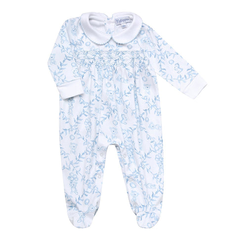 Pima Cotton Smocked Footie Trellace Bears - Blue