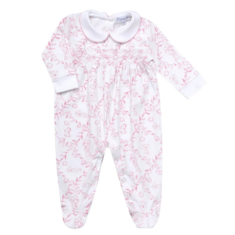 Pima Cotton Smocked Footie Trellace Bears - Pink