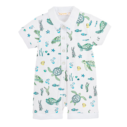 Pima Cotton Short Sleeve Polo Romper - Sea Turtles